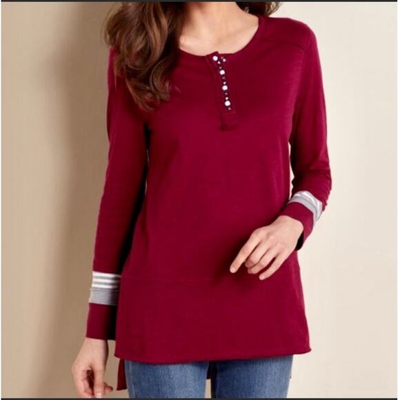 Soft Surroundings Fairmont Tunic Top Dark Red Henley Snap Size Medium - Picture 1 of 5